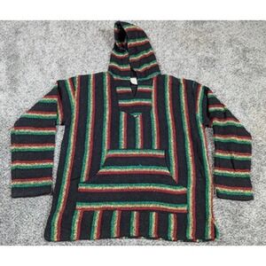 Sunspecs Pullover Hoodie Mens Large Black Green Red Rasta Striped Baja Sweater